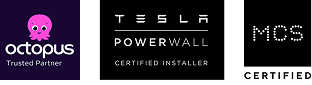 Octopus Trusted Partner, Tesla Powerwall Certified Installer and MCS Certified logos