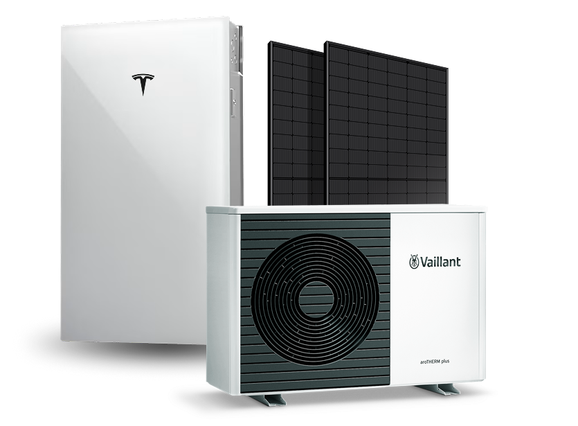 Tesla Powerwall battery, black solar panels and Vaillant air source heat pump