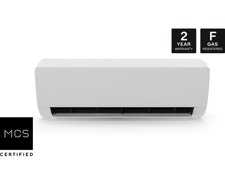 Wall-mounted air conditioning unit with 2 year warranty, F-Gas registered and MCS certified badges