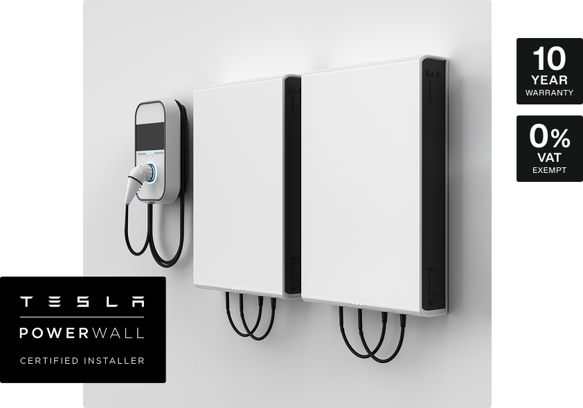 Two Tesla Powerwall batteries beside an EV charger, with Tesla Powerwall certified installer and warranty badges