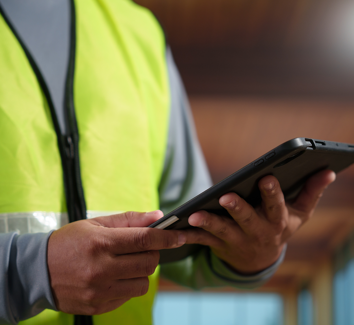 Surveyor in a hi-vis vest using a tablet during a home assessment