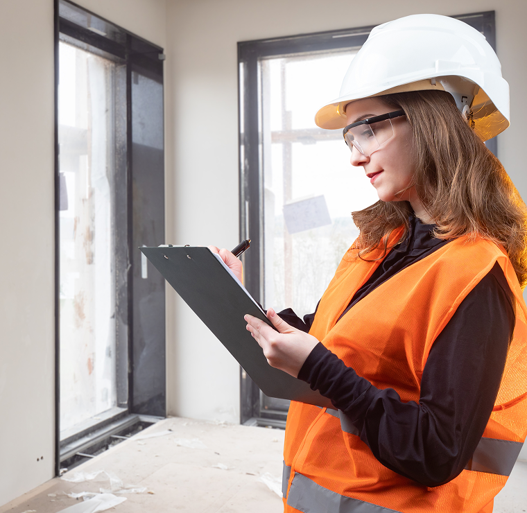 Surveyor in a hard hat and hi-vis vest taking notes on a clipboard indoors
