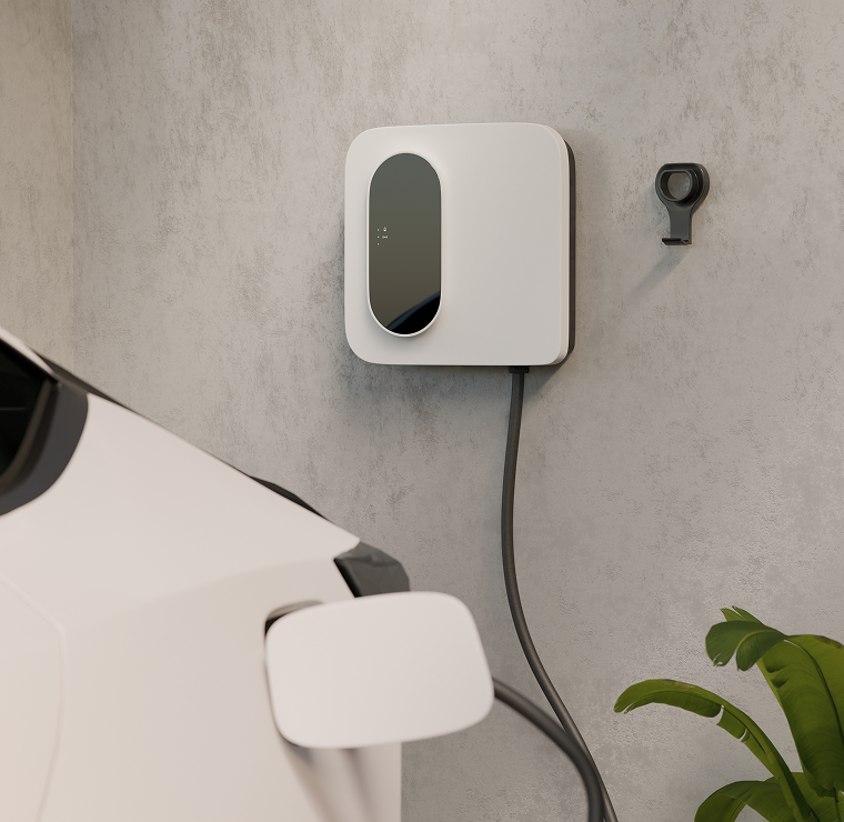 Wall-mounted EV charger with cable plugged into a white electric car