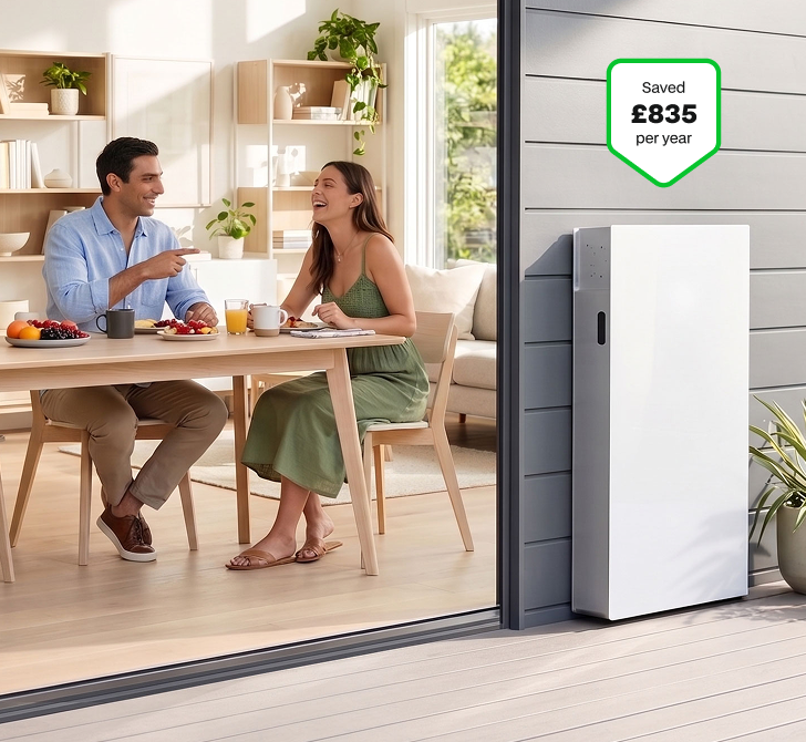 Couple chatting indoors beside a battery unit on the patio, with a £835 per year saving badge