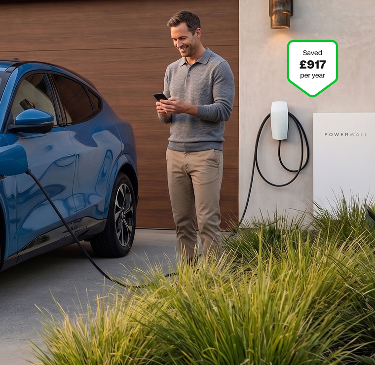 Man charging an electric car beside a wall-mounted Tesla Powerwall, with a £917 per year saving badge